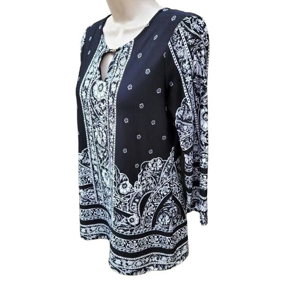 Melissa Paige Blouse Women's Size S Black White Floral Damask Print Career Top - Picture 3 of 9